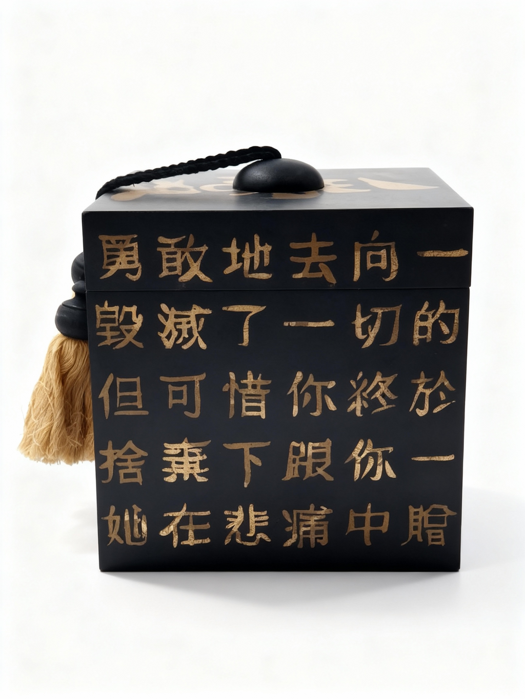 Le Manuscrit decorative box with matte black or red finish, gold calligraphy, and decorative tassel for refined storage