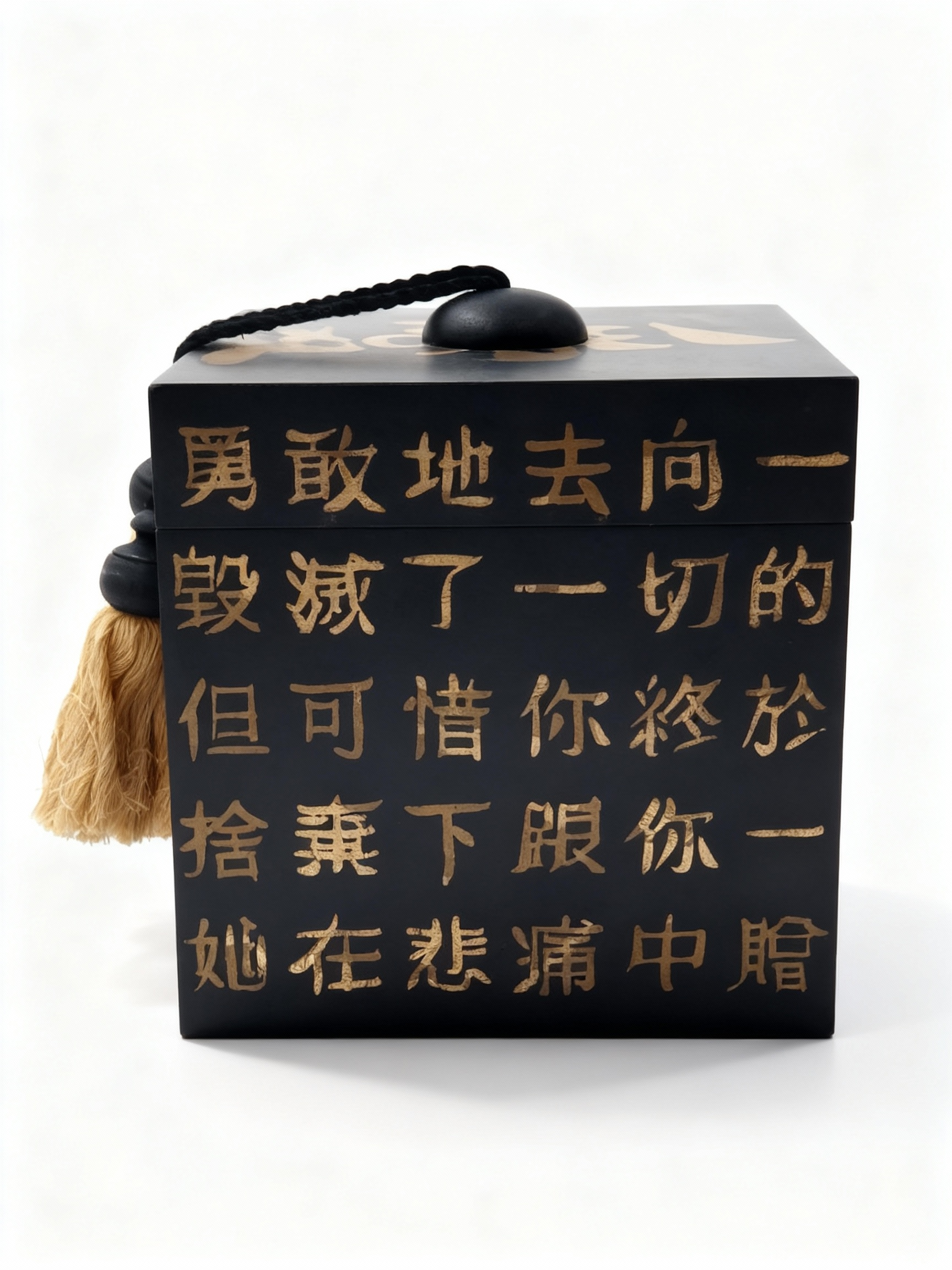 Le Manuscrit decorative box with matte black or red finish, gold calligraphy, and decorative tassel for refined storage