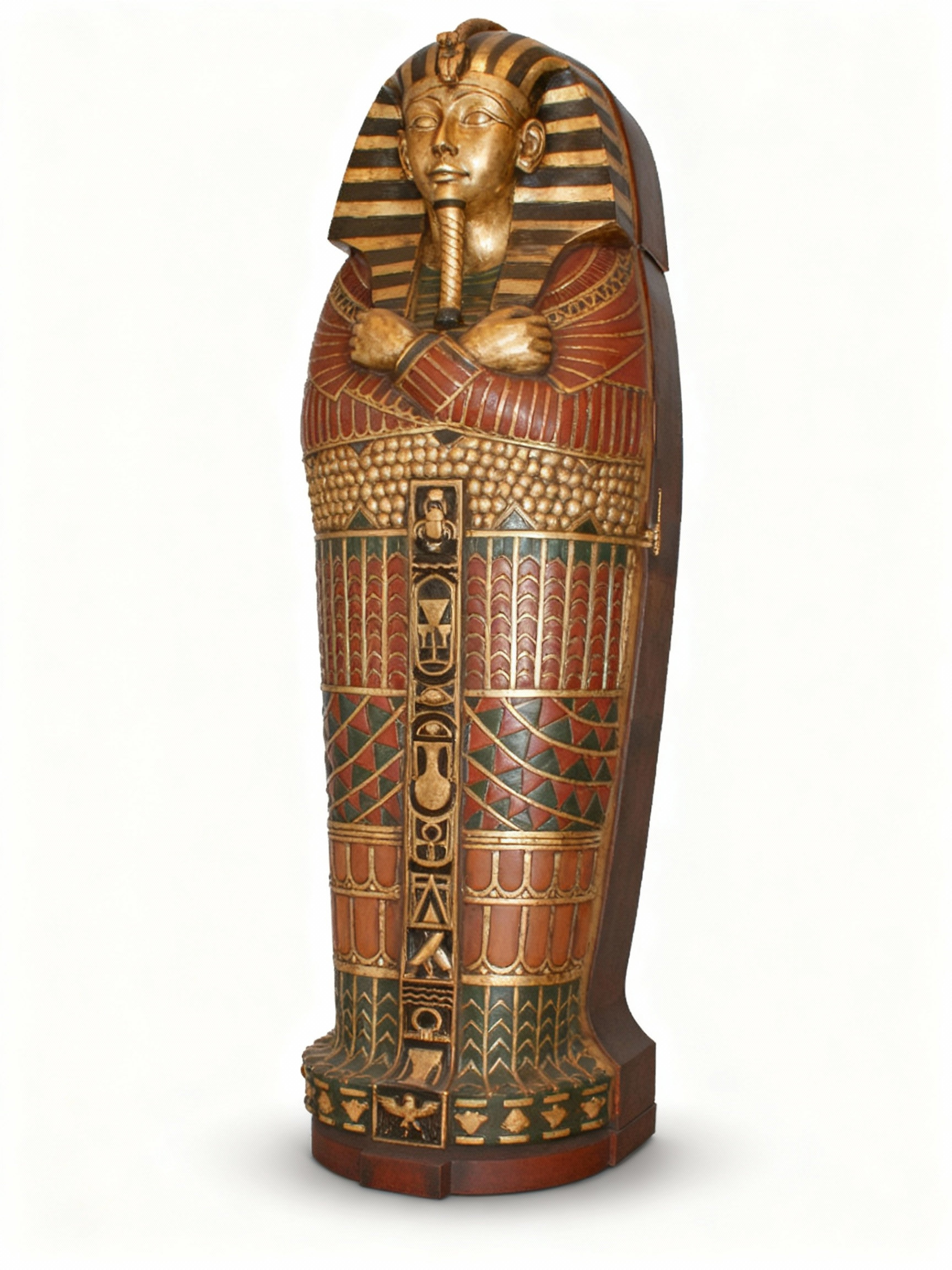 Life-size Mummy Sarcophagus bookcase inspired by ancient Egypt, featuring hand-painted hieroglyphs and internal storage shelves