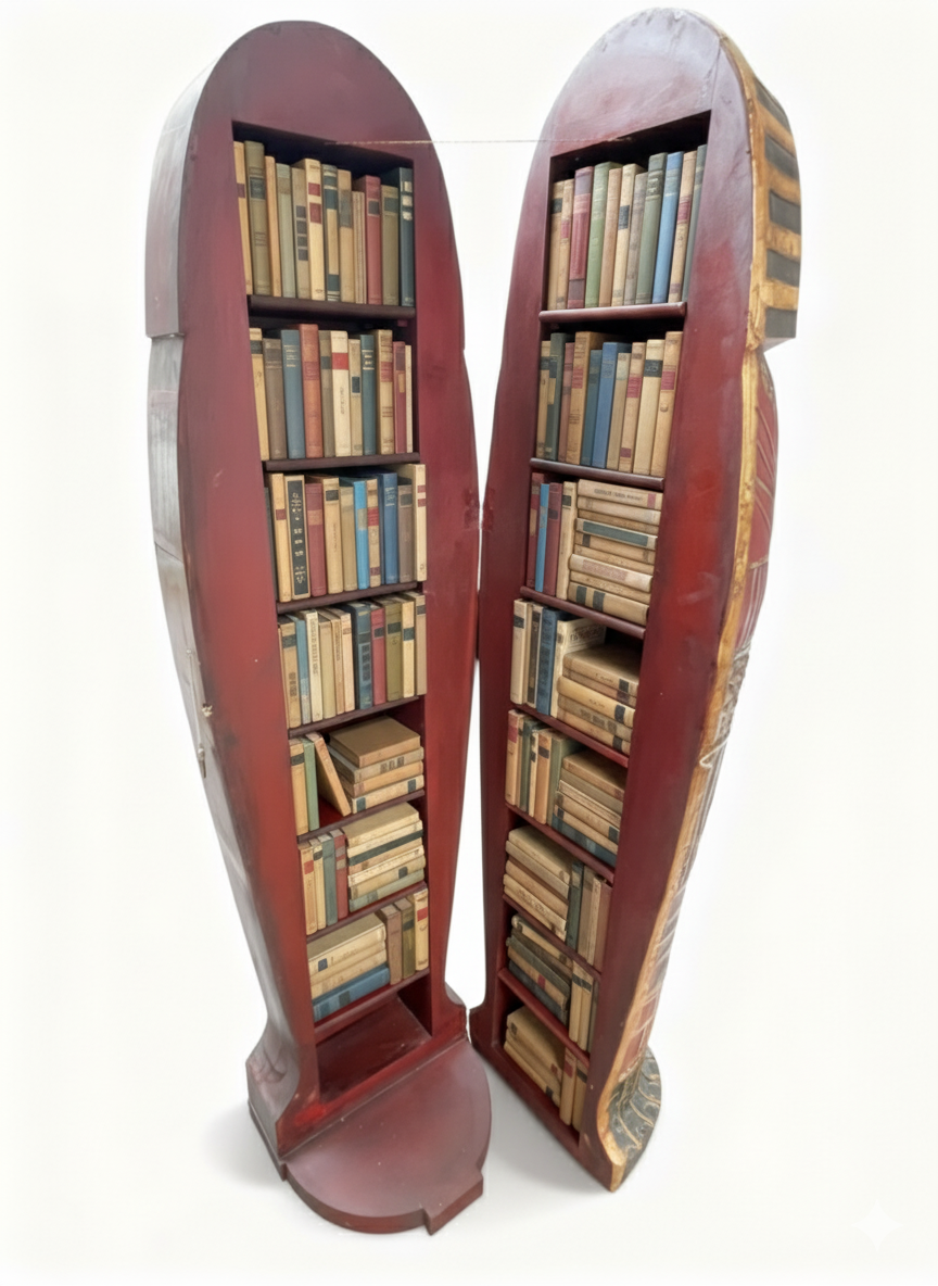Life-size Mummy Sarcophagus bookcase inspired by ancient Egypt, featuring hand-painted hieroglyphs and internal storage shelves
