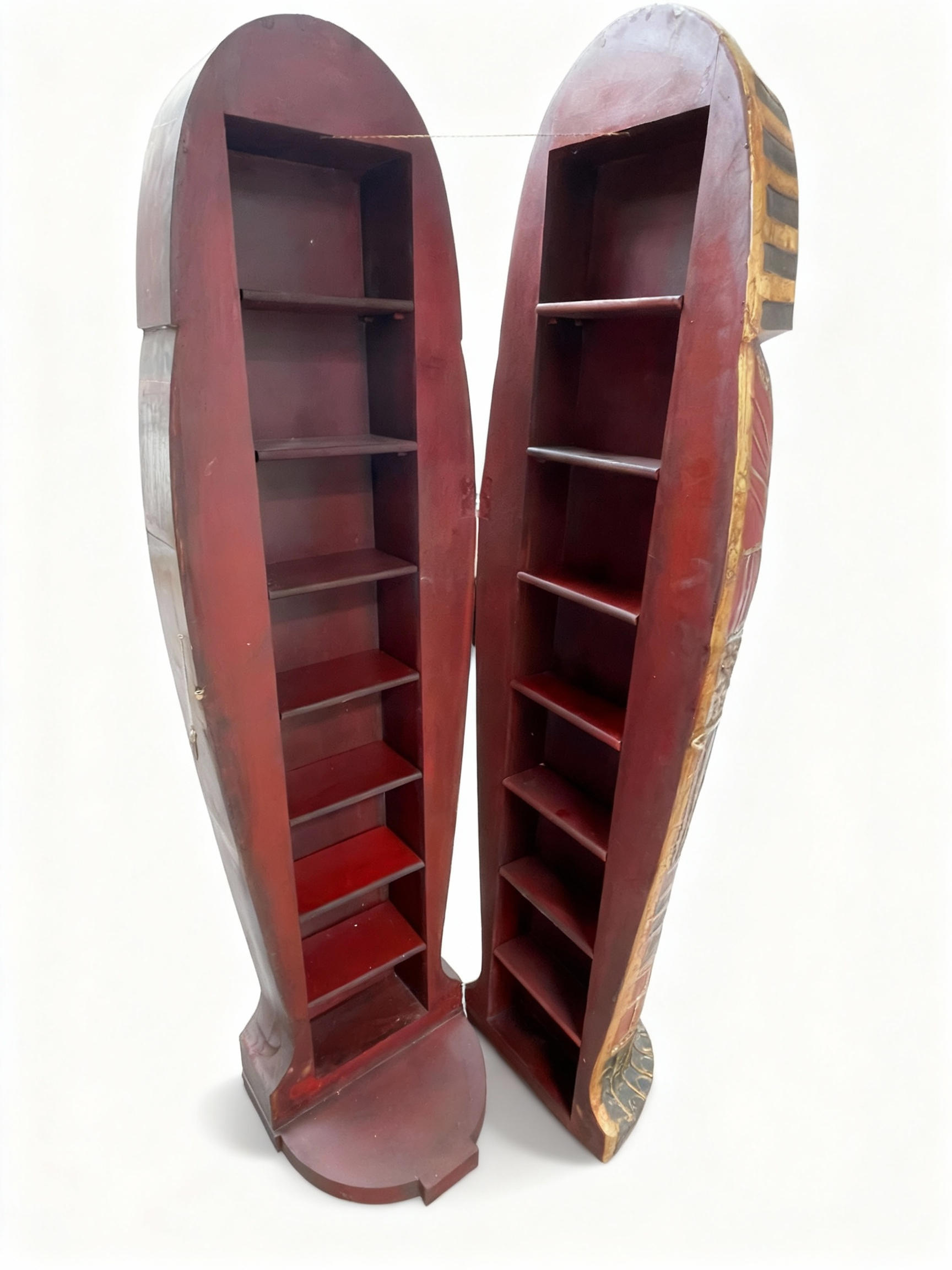 Life-size Mummy Sarcophagus bookcase inspired by ancient Egypt, featuring hand-painted hieroglyphs and internal storage shelves