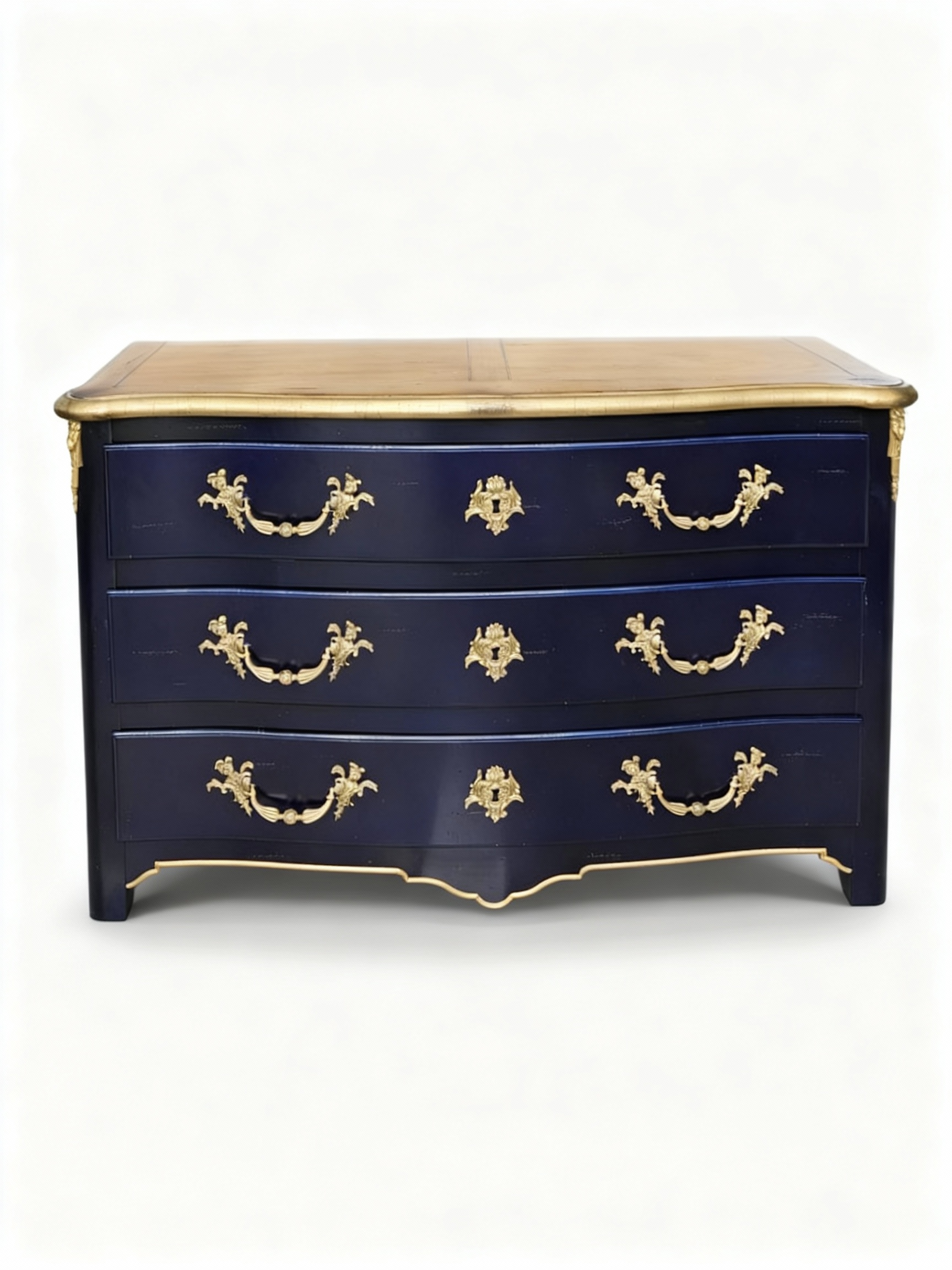 Magnificent Louis XIV-style chest of drawers (130cm) in azure blue-stained cherry wood with a curved front, gilded detailing, and ornate brass hardware