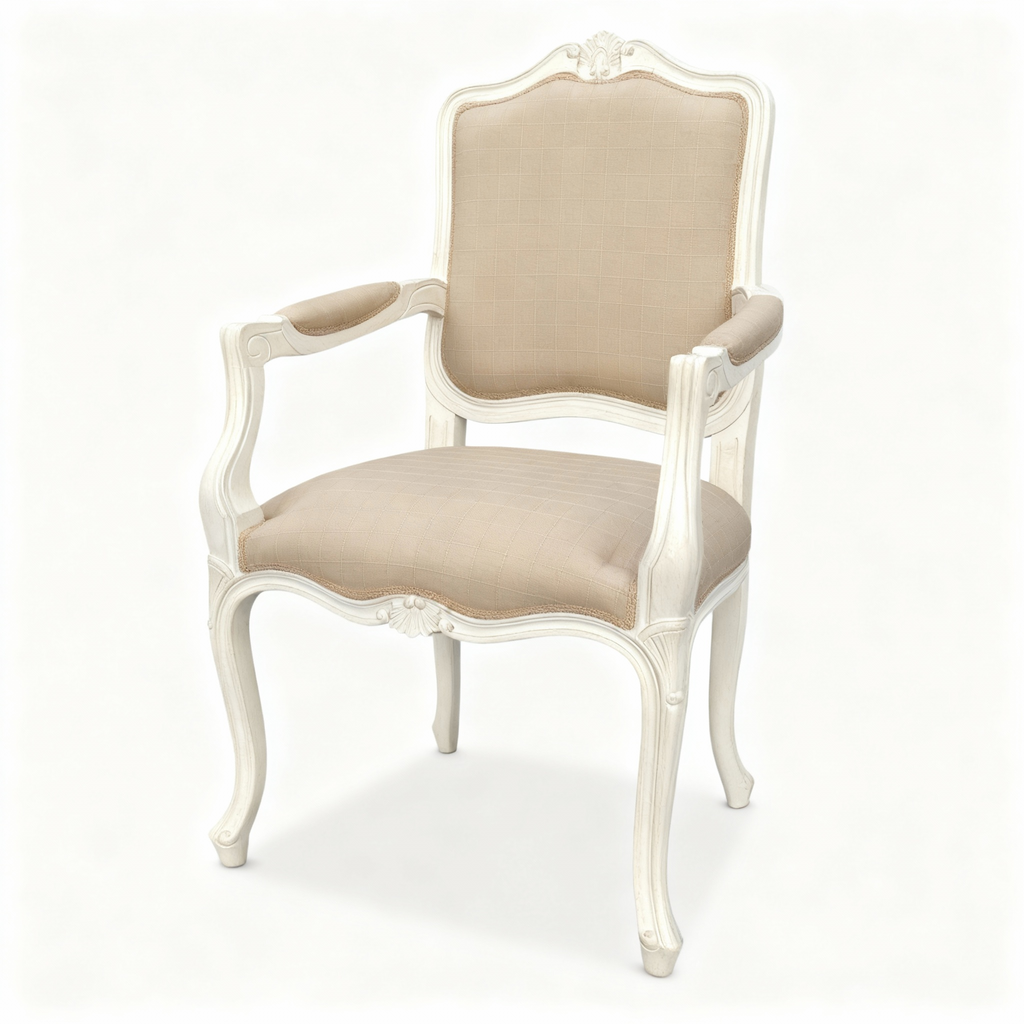 Louis XV Vanilla chair with carved wood frame, light patina, and discreetly patterned quilted beige fabric