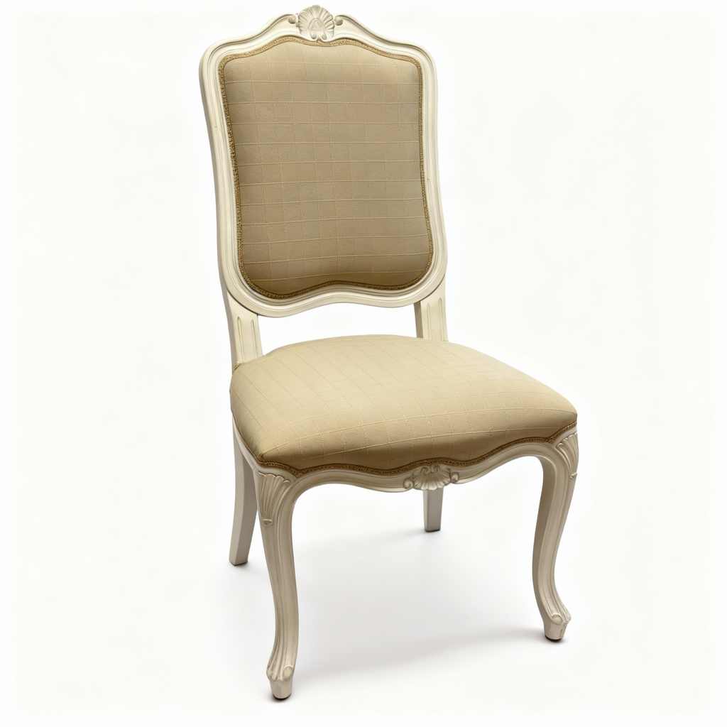 Louis XV-style dining chair with a carved wooden frame finished in a light vanilla patina, and upholstered in a beige checkered patterned fabric.