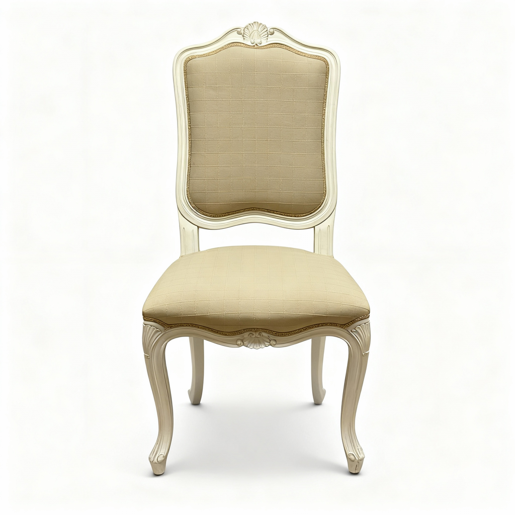 Louis XV Vanilla chair with carved wood frame, light patina, and discreetly patterned quilted beige fabric