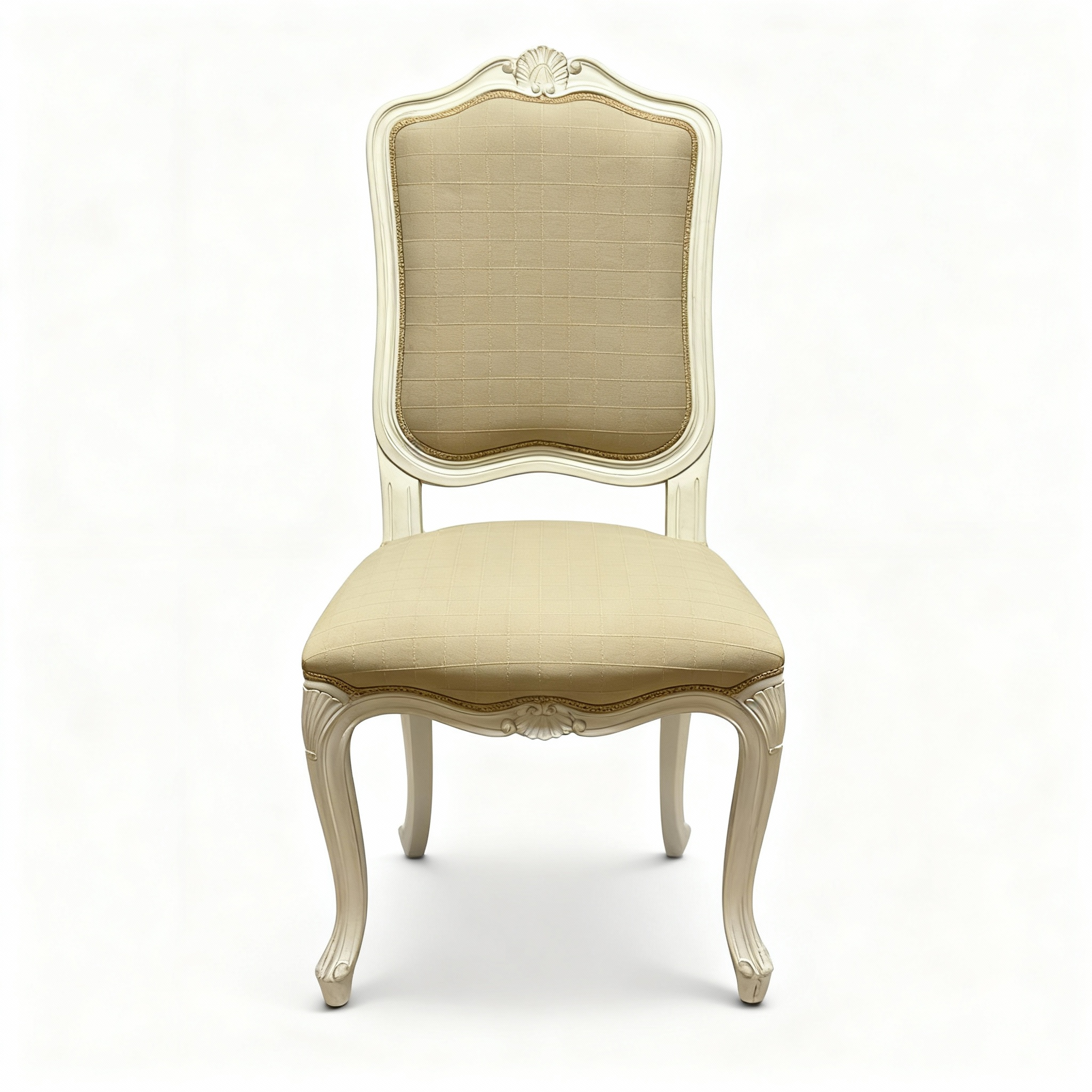 Louis XV Vanilla chair with carved wood frame, light patina, and discreetly patterned quilted beige fabric