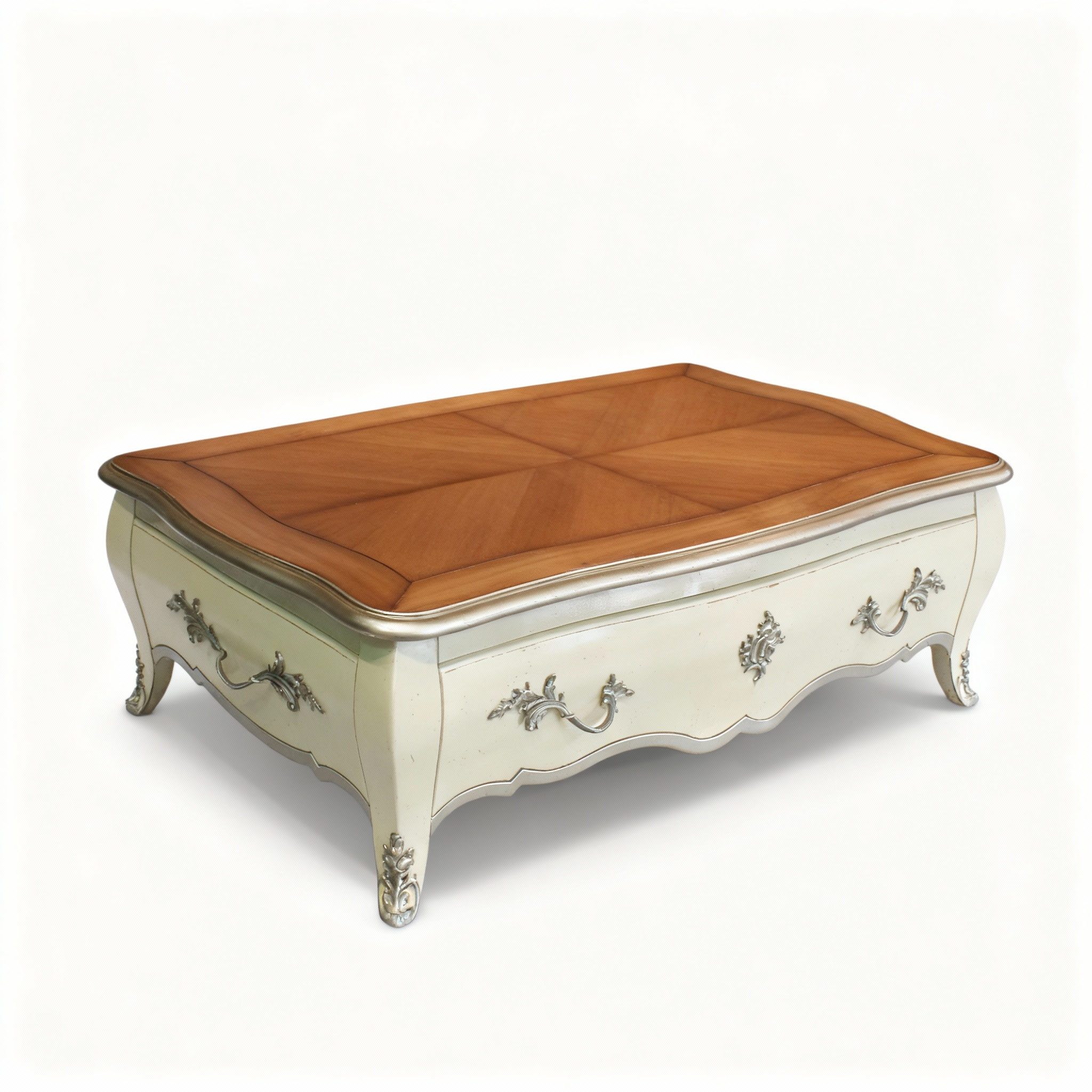 Exquisite Louis XV style coffee table (124x78x41cm) featuring a precious wood marquetry top, curved cabriole legs, and a drawer with brass hardware