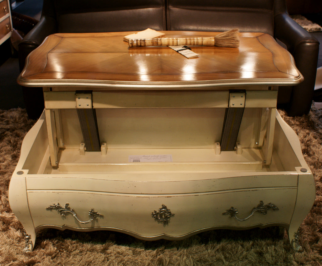 Exquisite Louis XV style coffee table (124x78x41cm) featuring a precious wood marquetry top, curved cabriole legs, and a drawer with brass hardware