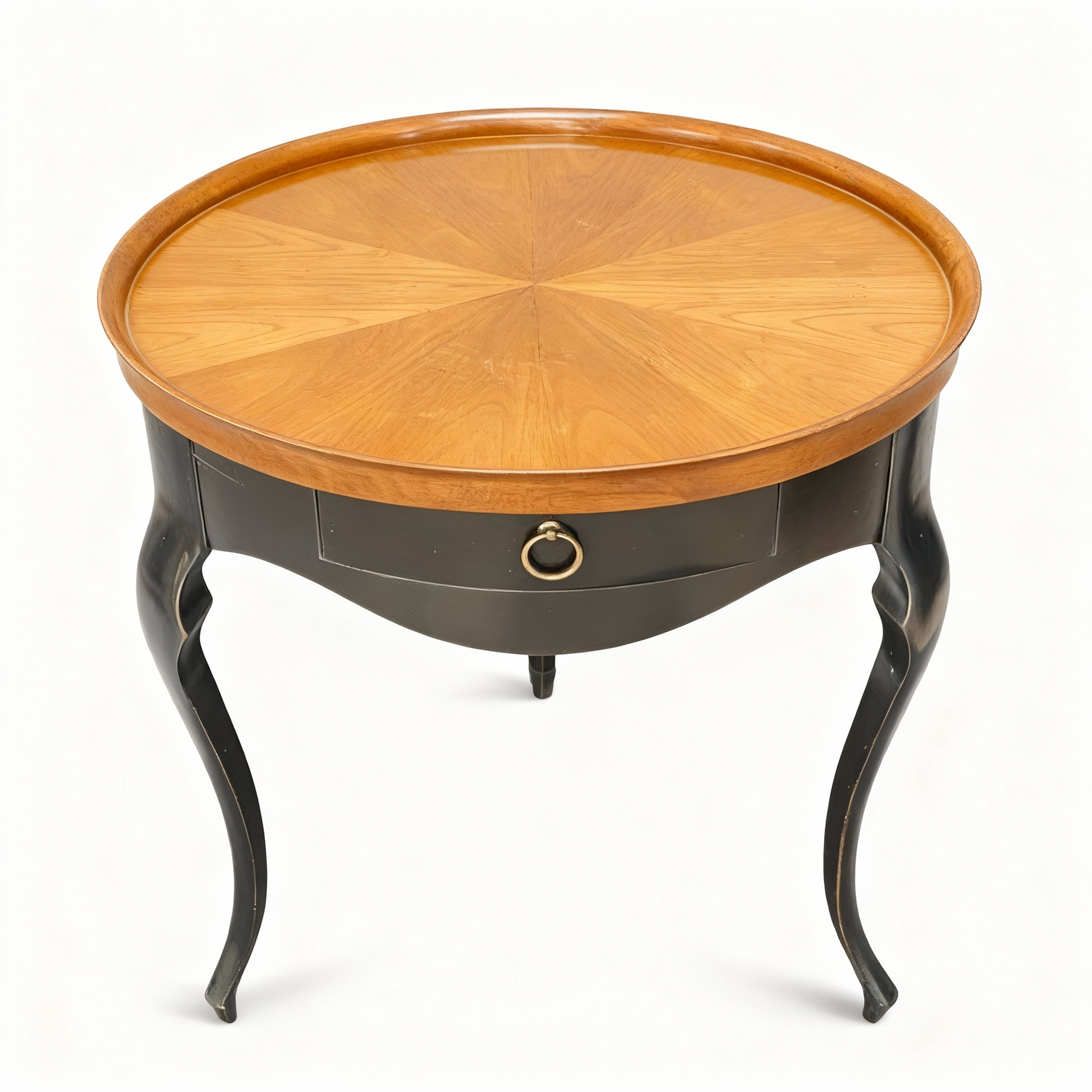 Round accent table (60cm) in Louis XV style, featuring a light marquetry top that doubles as a removable serving tray, and a black sculpted base with cabriole legs