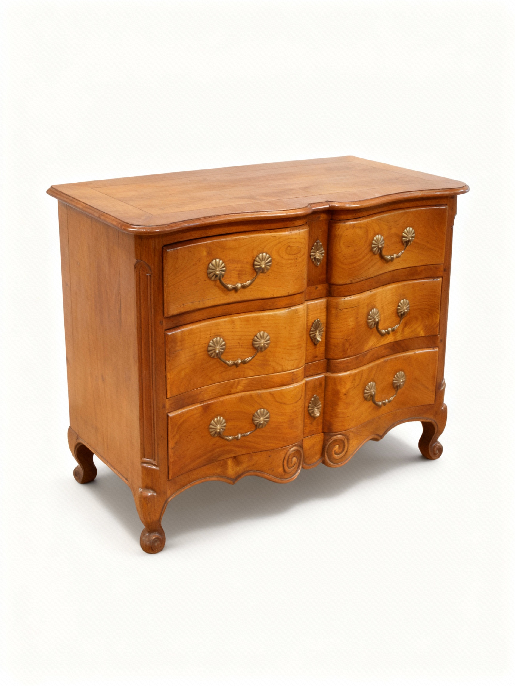 "Louise" Louis XV Country style chest of drawers (125cm) in solid cherry wood with a shapely facade, curved legs, and bronze hardware