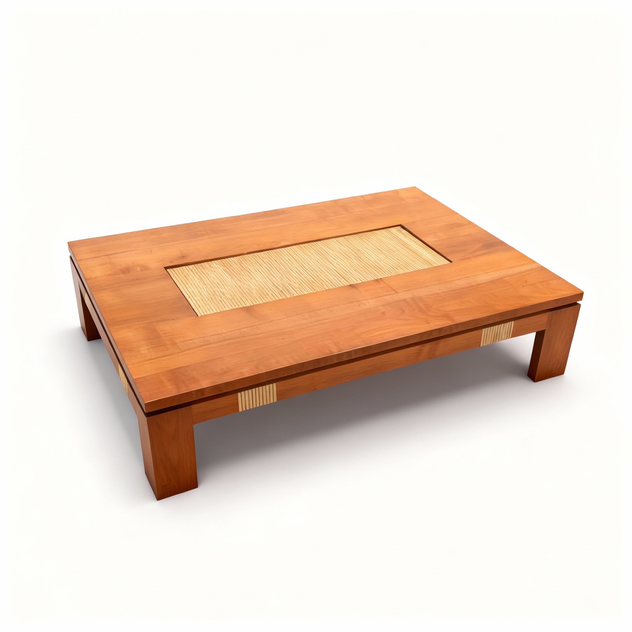 Low rectangular coffee table (130x80x30cm) in warm-toned solid wood with a central woven bamboo inlay, inspired by minimalist Zen/Japanese design