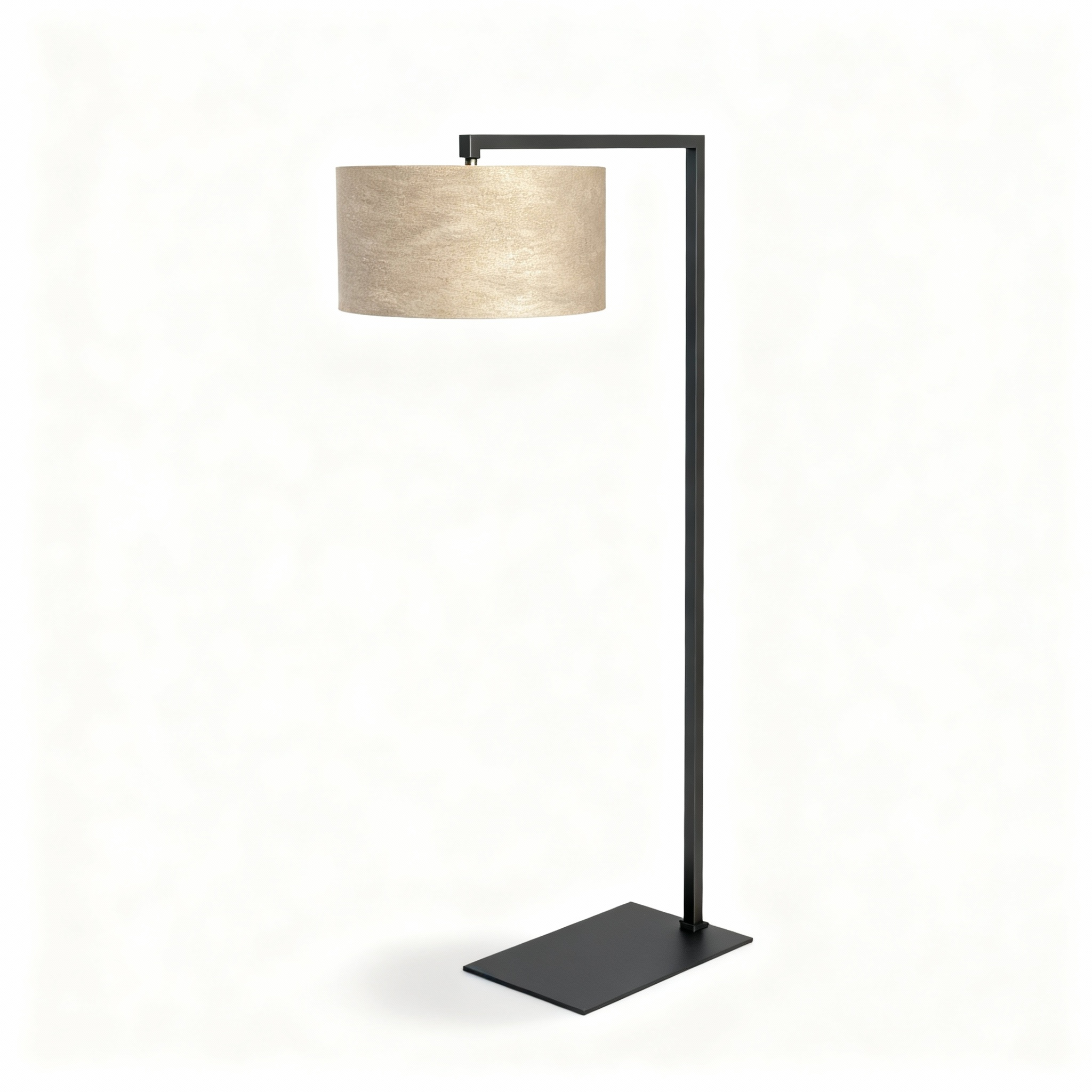 Sleek "Luminia" floor lamp featuring a tall, thin black matte metal base with a flat rectangular foot, and topped with a cylindrical, textured, linen-colored lampshade.