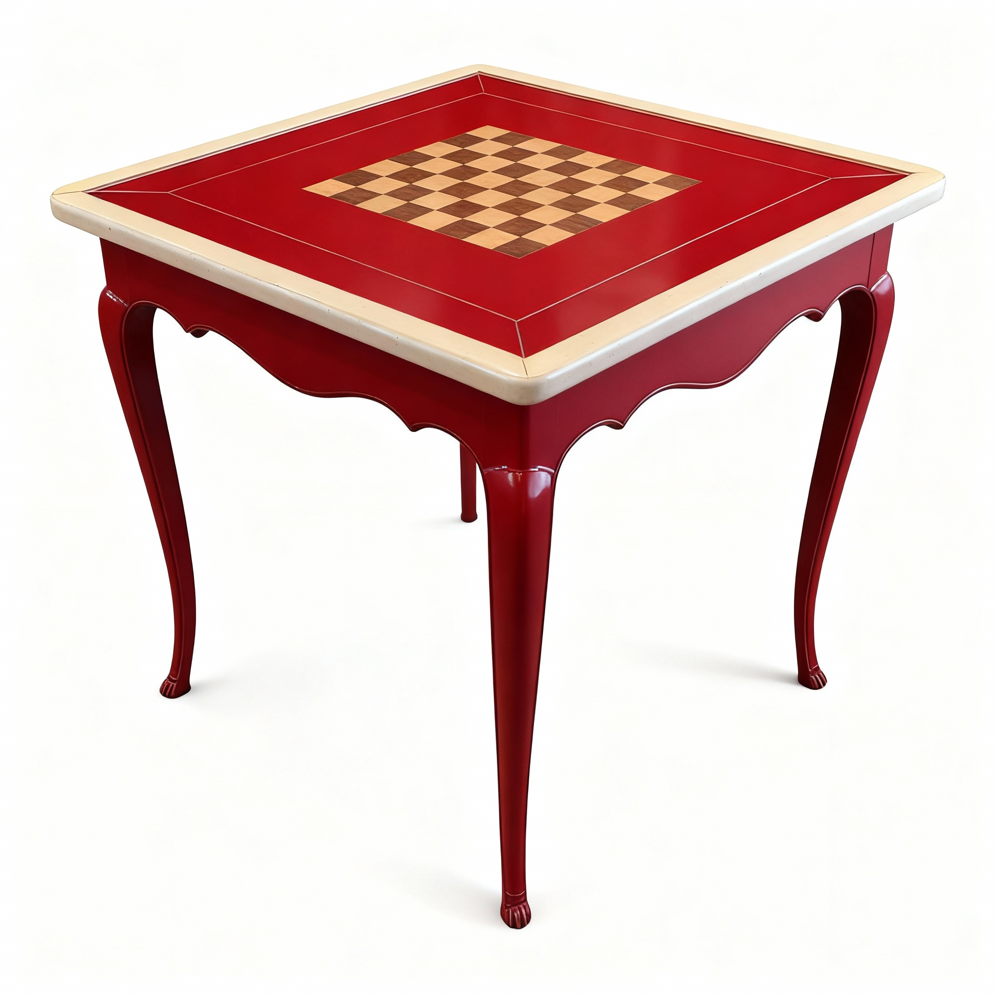 Exquisite square game table (90x90cm) with a vibrant red lacquer finish, lighter wood trim, cabriole legs, and a built-in marquetry chessboard top