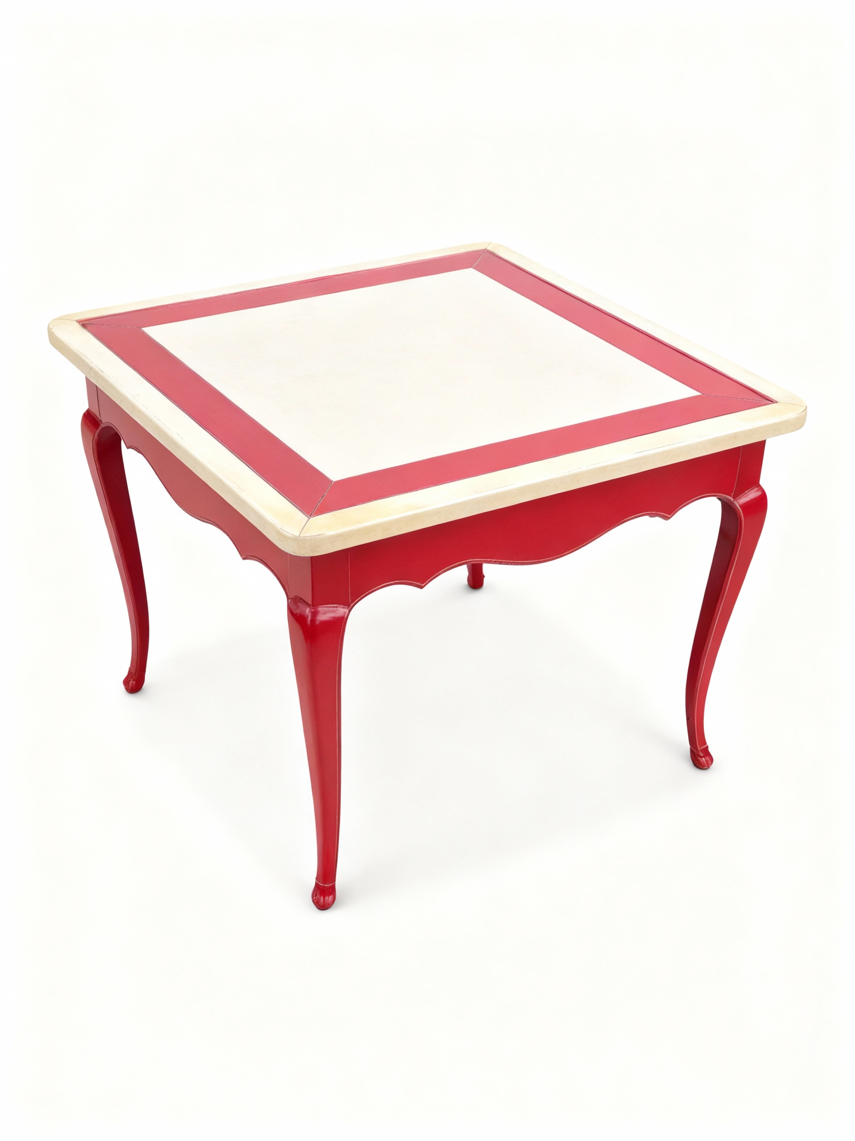 Exquisite square game table (90x90cm) with a vibrant red lacquer finish, lighter wood trim, cabriole legs, and a built-in marquetry chessboard top