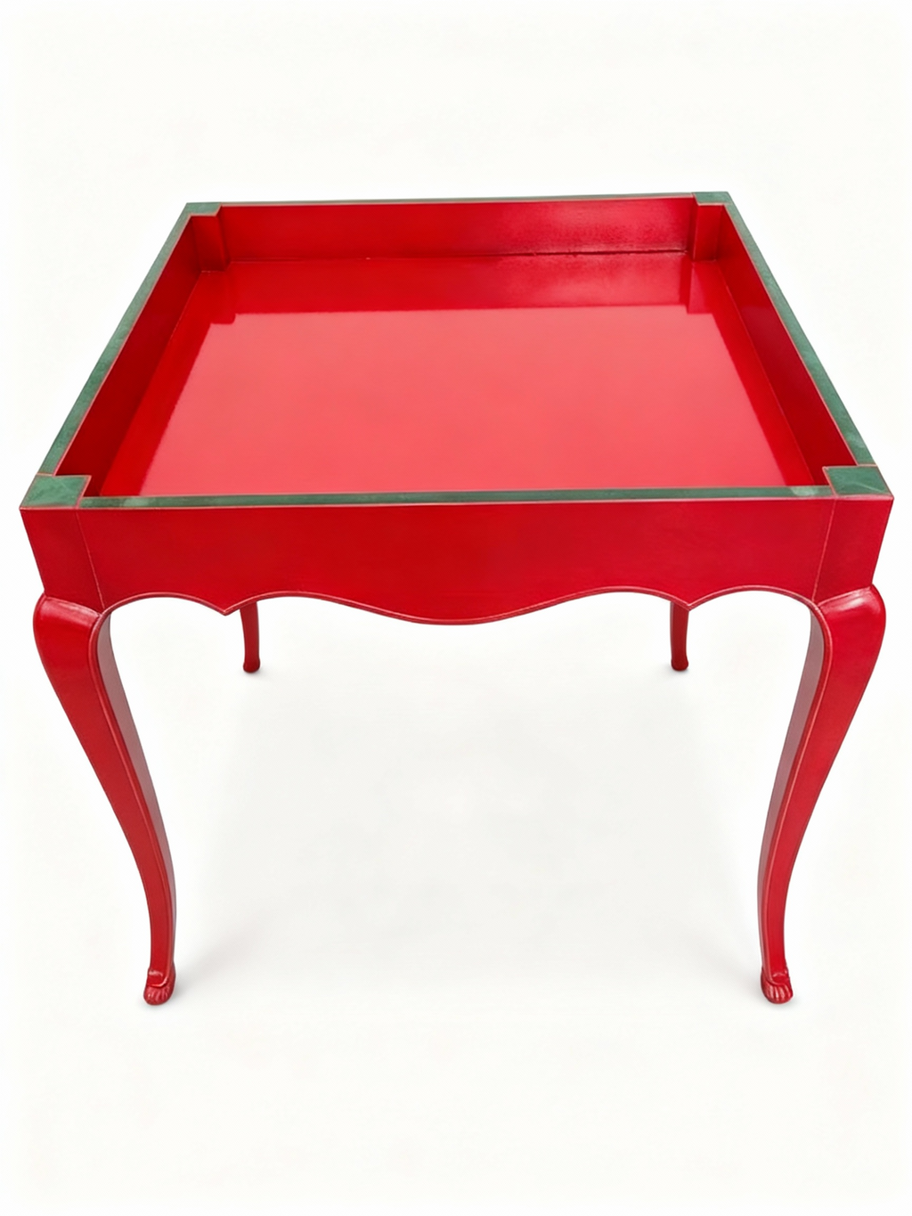 Exquisite square game table (90x90cm) with a vibrant red lacquer finish, lighter wood trim, cabriole legs, and a built-in marquetry chessboard top