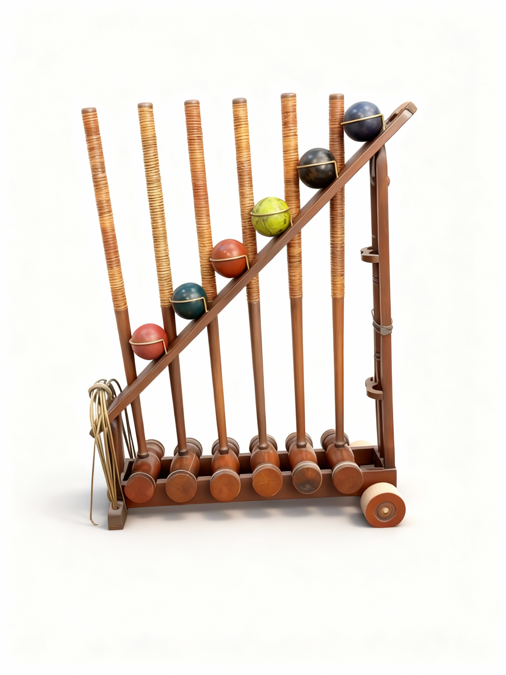 Magnificent croquet set presented on an elegant wooden storage rack, featuring six mallets and colored balls, 175cm length
