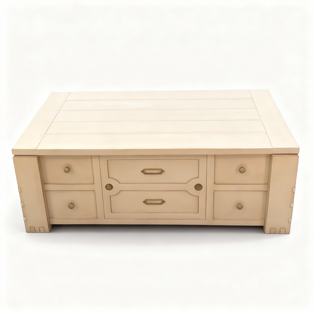 Luxury multifunction coffee table (110x65x41cm) with a lift-top that converts to a dining surface, vanilla lacquer finish, and a vibrant hidden red lacquer interior