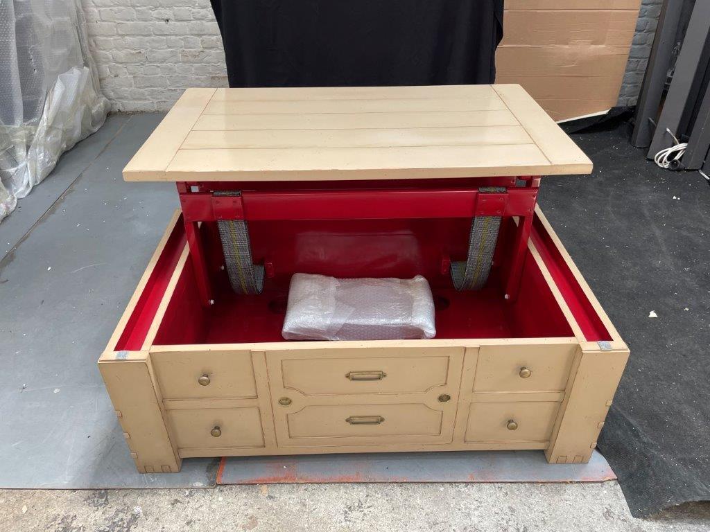 Luxury multifunction coffee table (110x65x41cm) with a lift-top that converts to a dining surface, vanilla lacquer finish, and a vibrant hidden red lacquer interior