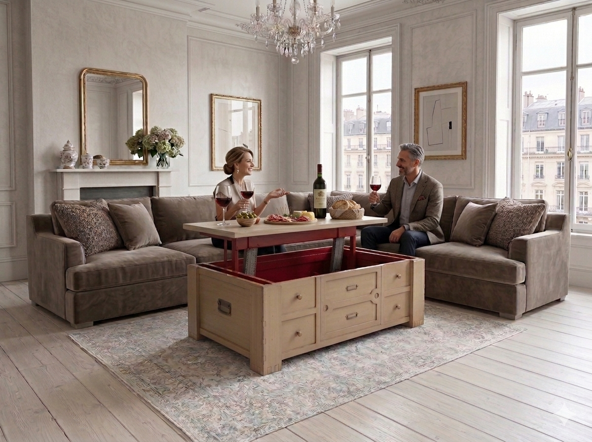 Lift-top coffee table raised, revealing red lacquer interior