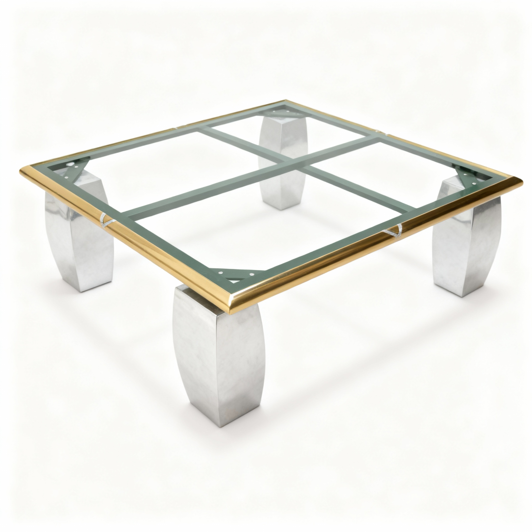 Large square coffee table base (120x120x37cm) with massive brushed aluminum legs and a richly gilded upper frame, designed for a custom top