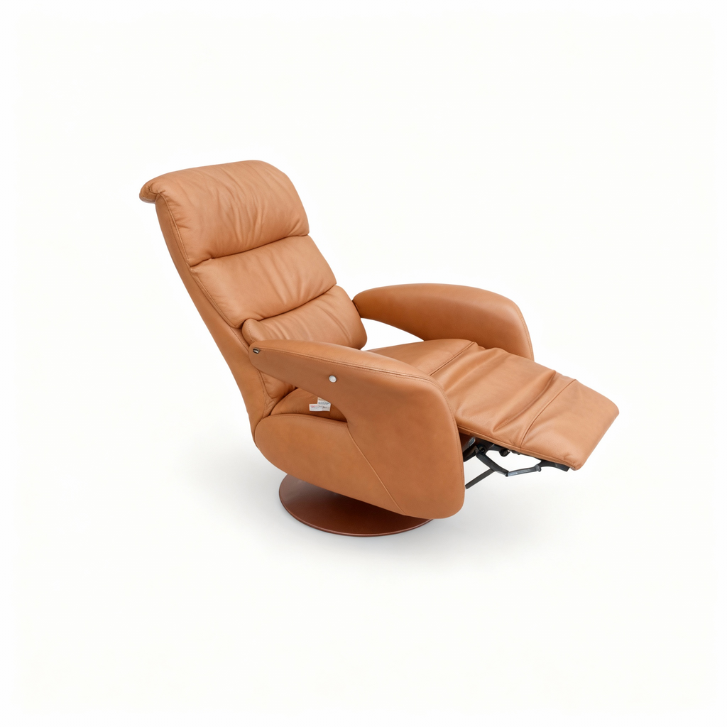 Luxury manual reclining armchair upholstered in genuine camel-coloured leather, featuring a deeply padded design and a wooden 360° swivel base.