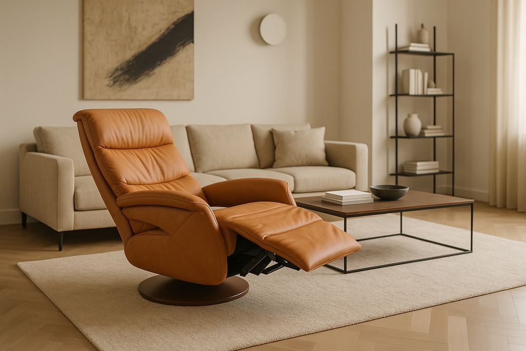 Luxury manual reclining armchair upholstered in genuine camel-coloured leather, featuring a deeply padded design and a wooden 360° swivel base