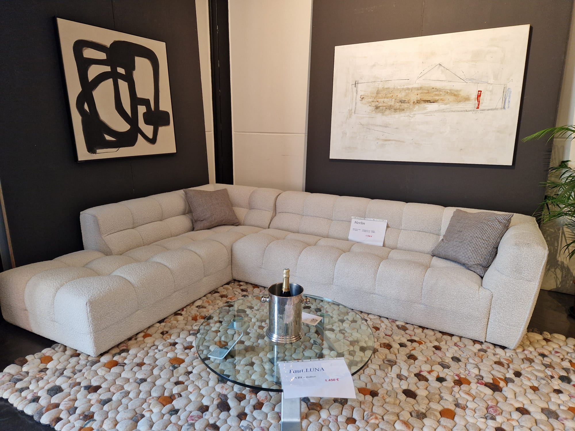 MERLIN contemporary sectional sofa with quilted square stitching in washable white fabric, featuring a right-arm end section and spacious chaise lounge