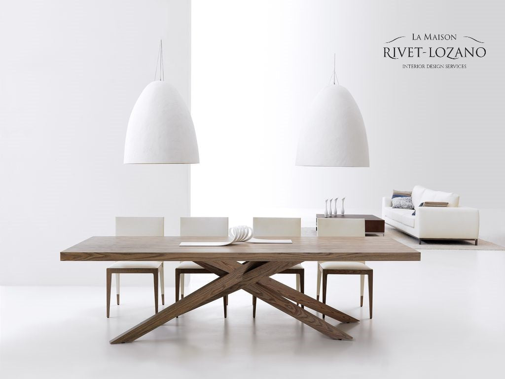 MIKADO dining table (250x110cm) with a solid Iberian alder top and a unique, intersecting architectural "Mikado" wooden base