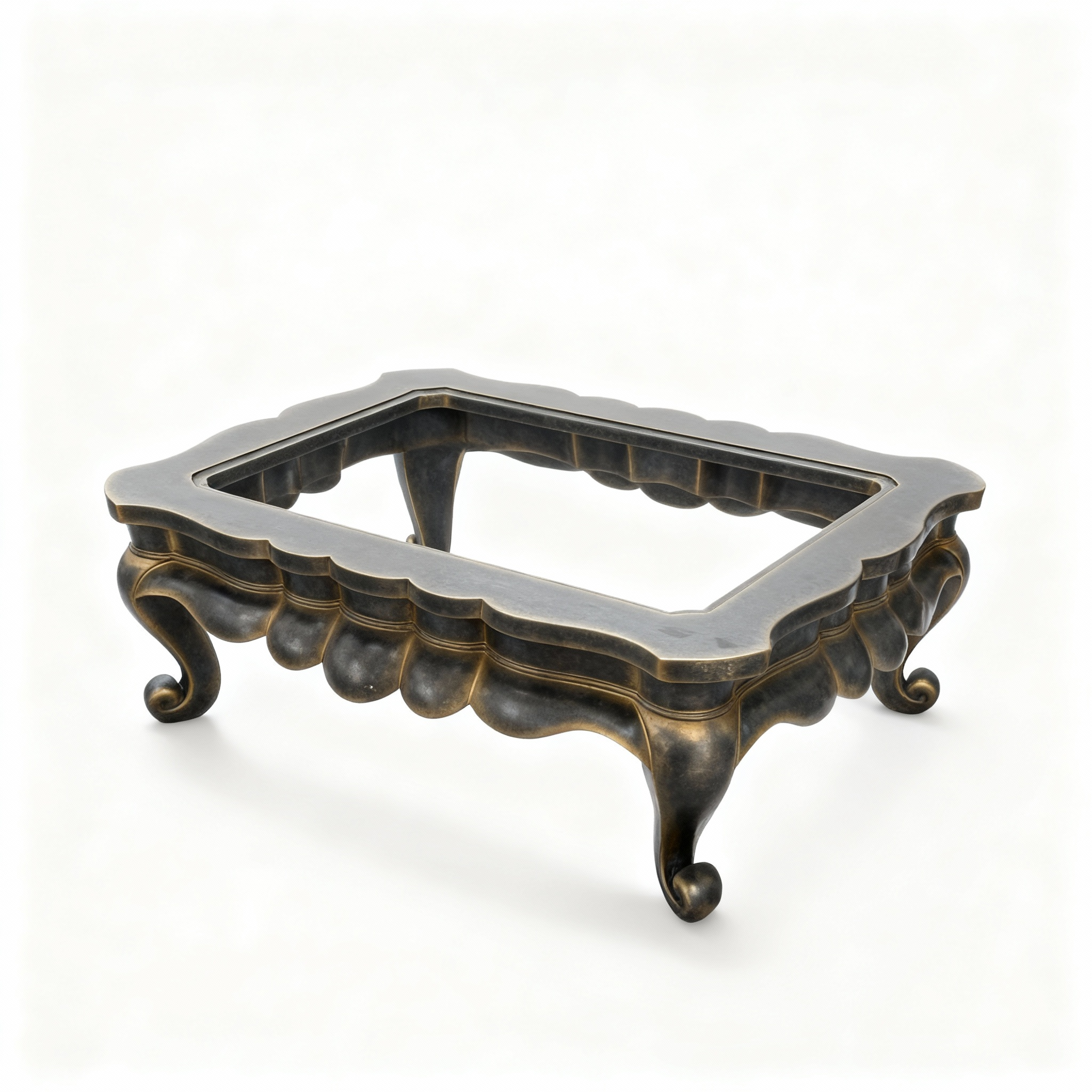 Majestic rectangular coffee table frame (135x102x51cm) with ornate cabriole legs and a patinated golden bronze finish, designed for a custom top
