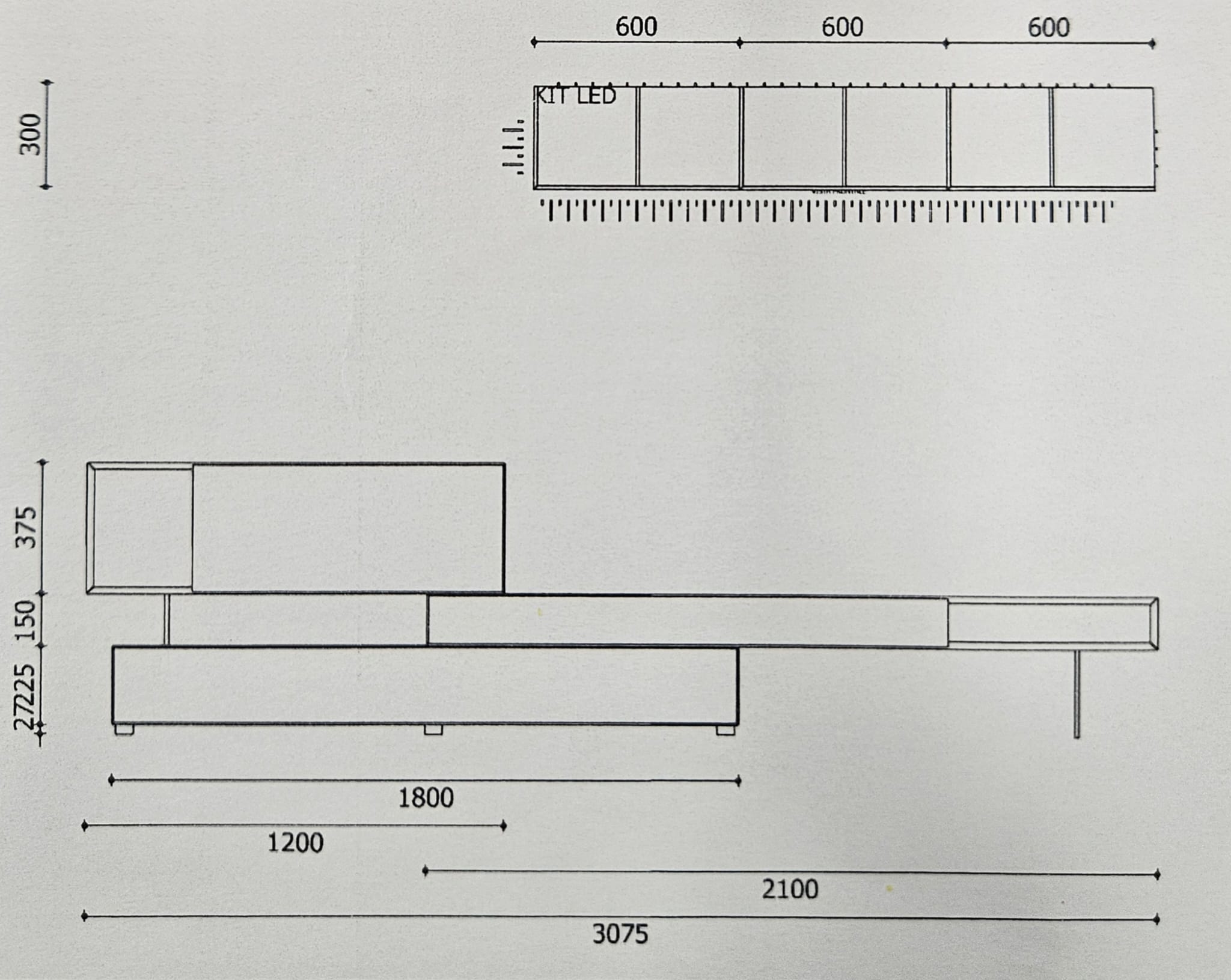 modular TV unit, carbon oak anthracite lacquer, low media console design, long TV stand 307cm, transparent methacrylate feet, Domi, Rivet Lozano 