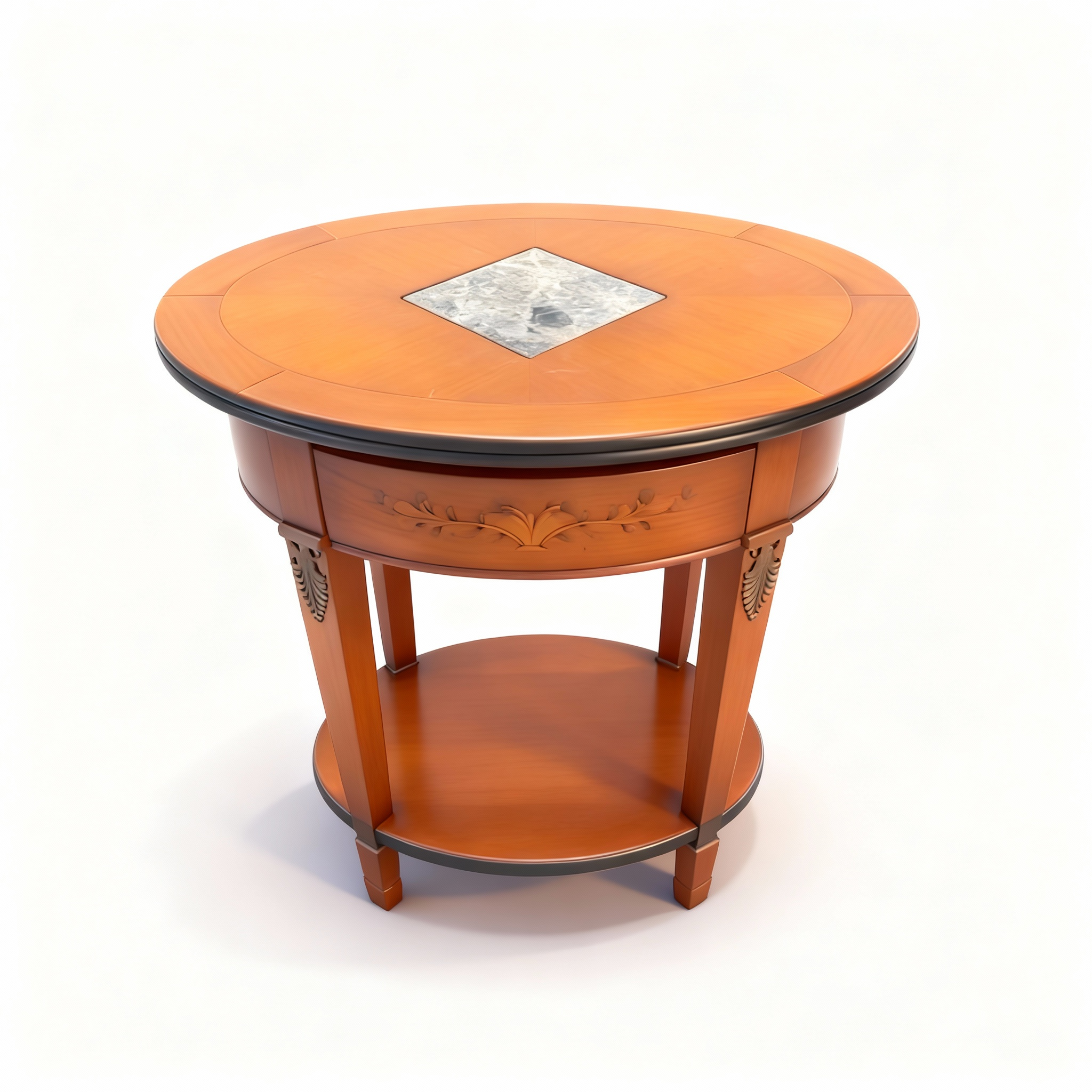 Magnificent classic side table (58cm diameter) with rich mahogany/cherry wood finish, a central grey/white marble inlay, fluted legs, and a functional lower shelf