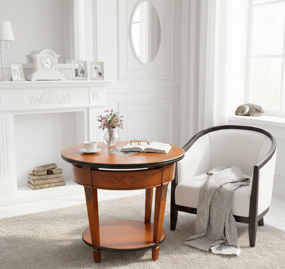 Magnificent classic side table (58cm diameter) with rich mahogany/cherry wood finish, a central grey/white marble inlay, fluted legs, and a functional lower shelf