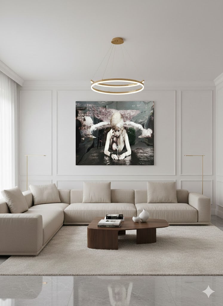 Black and white art print of woman kneeling with updo and martini.