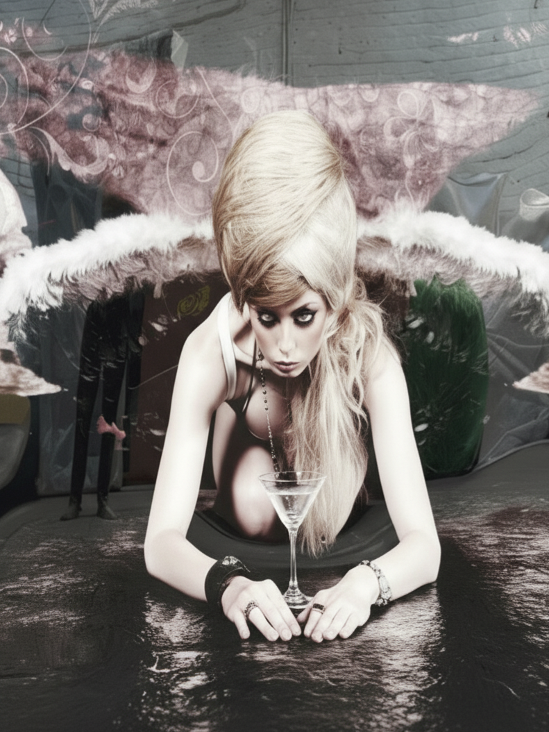 Black and white art print of woman kneeling with updo and martini.