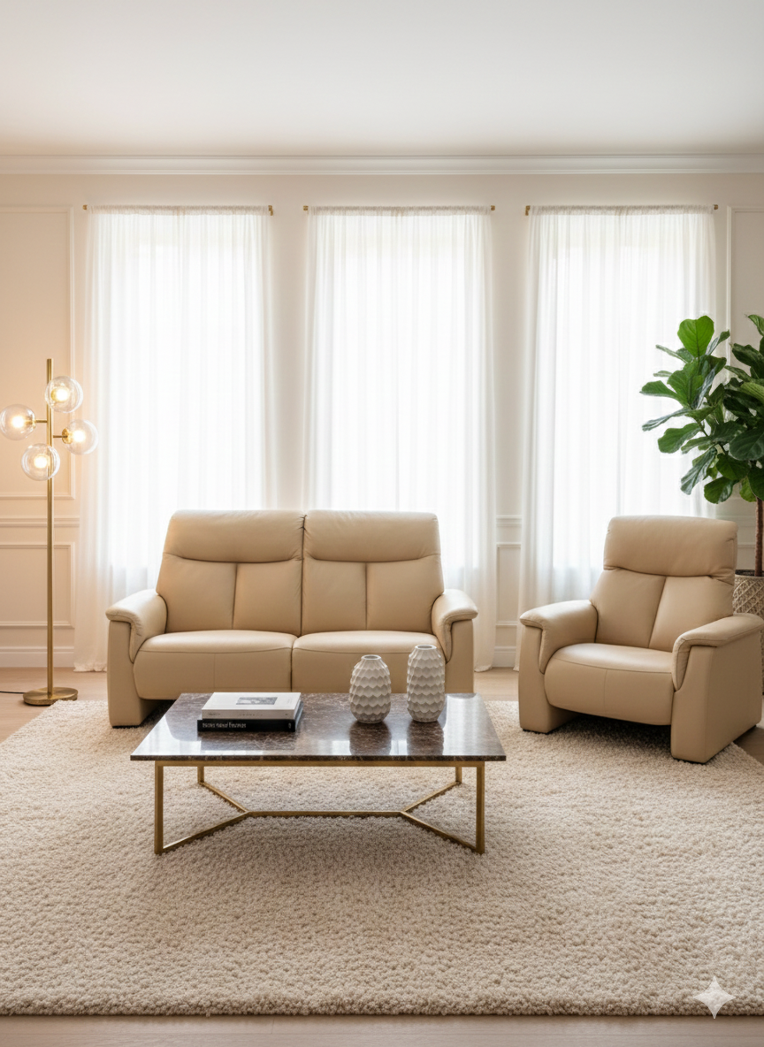 "Melon" 3-piece living room set featuring a 2-seater reclining sofa (142x113x86cm) and two matching individual armchairs, all upholstered in elegant beige leather