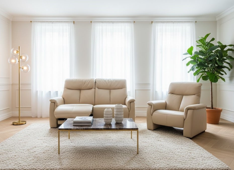 "Melon" 2-piece living room set featuring a 2-seater reclining sofa (142x113x86cm) and two matching individual armchairs, all upholstered in elegant beige leather