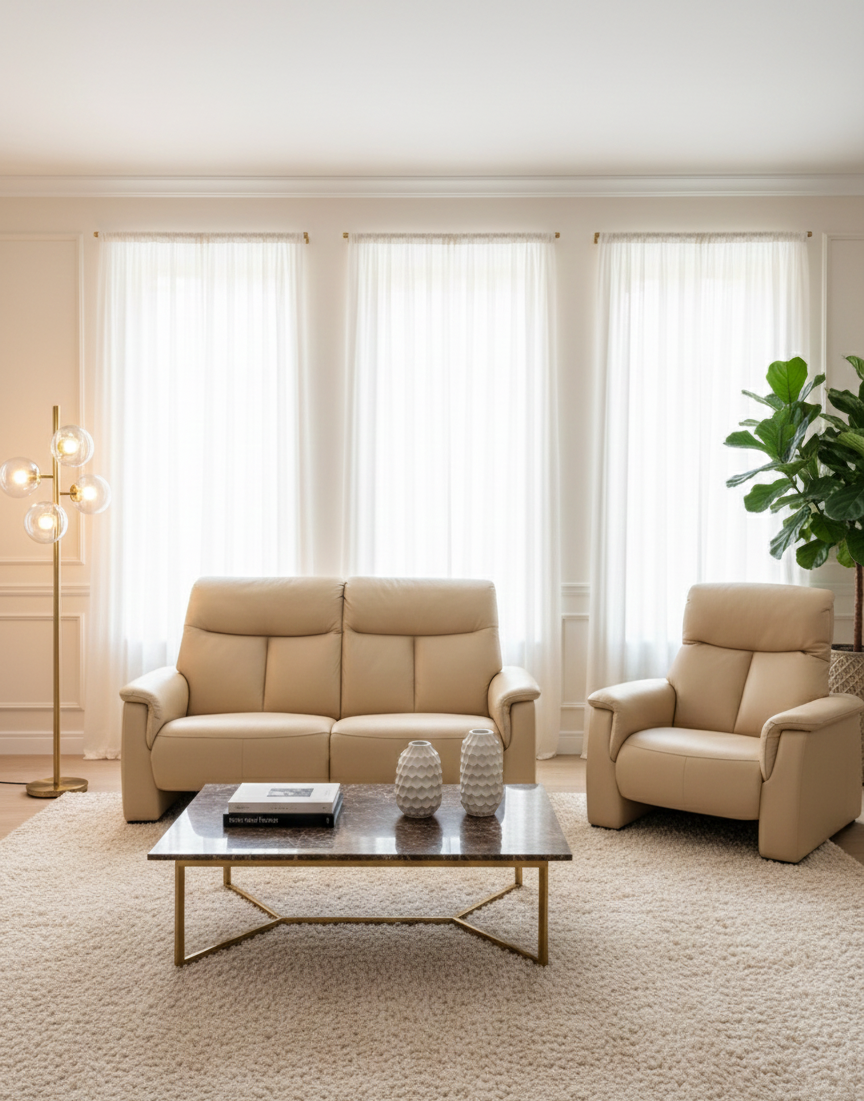 "Melon" 2-piece living room set featuring a 2-seater reclining sofa (142x113x86cm) and two matching individual armchairs, all upholstered in elegant beige leather