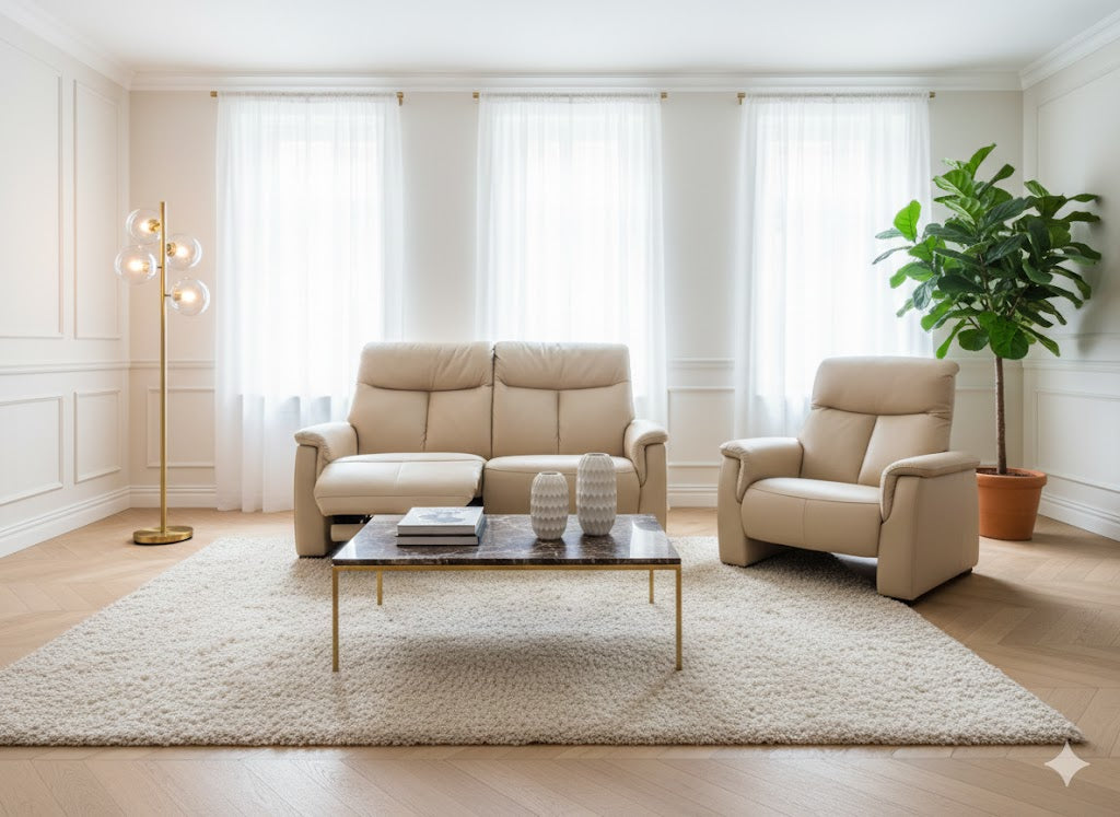 "Melon" 3-piece living room set featuring a 2-seater reclining sofa (142x113x86cm) and two matching individual armchairs, all upholstered in elegant beige leather