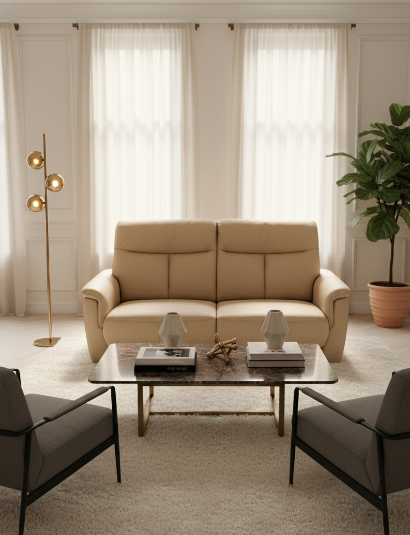 "Melon" 2-piece living room set featuring a 2-seater reclining sofa (142x113x86cm) and two matching individual armchairs, all upholstered in elegant beige leather