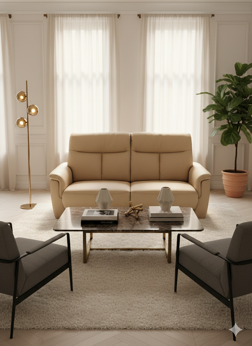 "Melon" 3-piece living room set featuring a 2-seater reclining sofa (142x113x86cm) and two matching individual armchairs, all upholstered in elegant beige leather