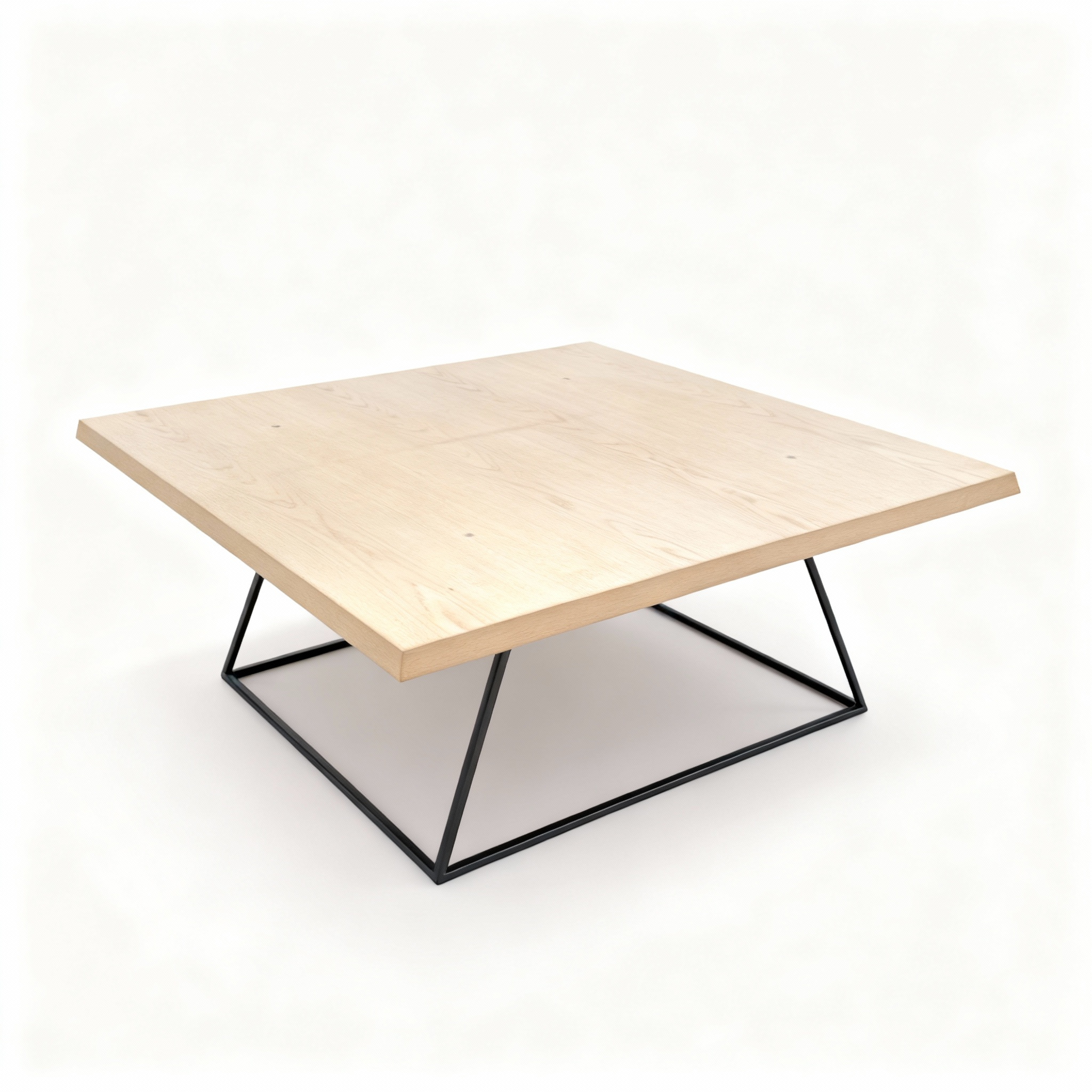 Square minimalist coffee table (100x100x41cm) with a light wood top resting on a sleek geometric black metal base, embodying a Scandinavian-industrial aesthetic