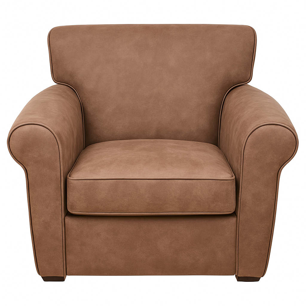 MISS armchair in light brown full-grain leather, club style, with contrasting piping. Sold as is by Rivet-Lozano.