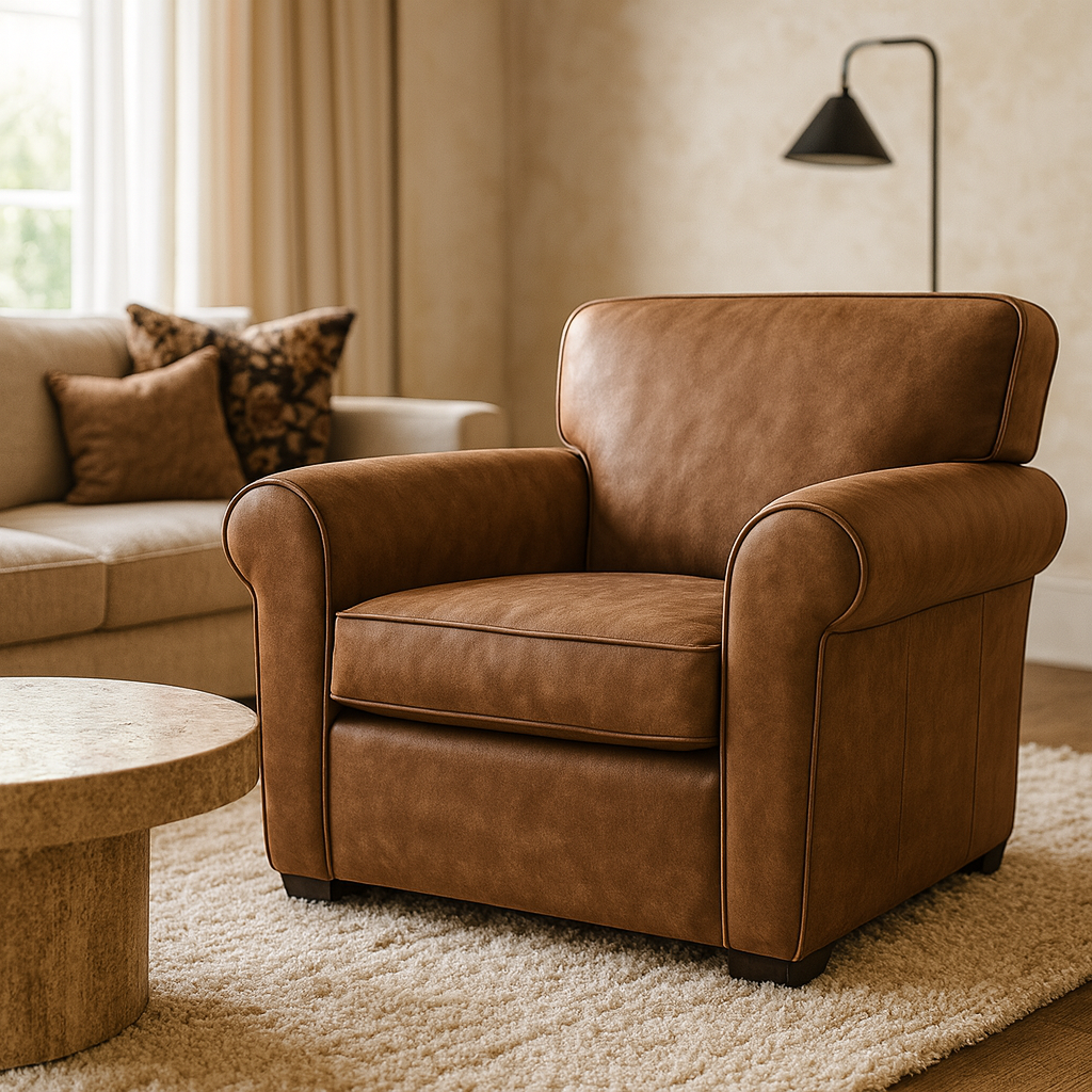 Side profile of the MISS compact full-grain leather armchair