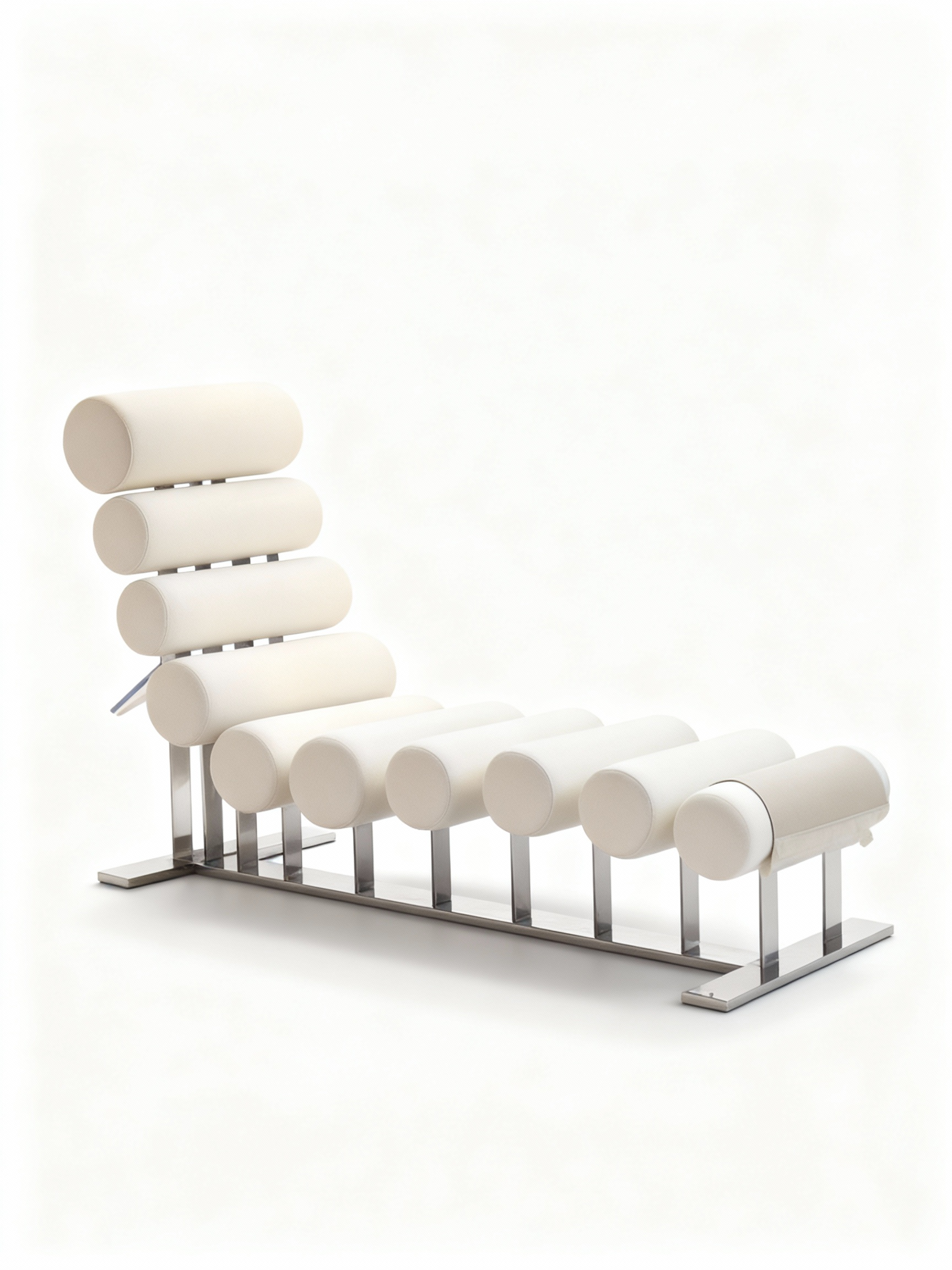 Modern Modular chaise longue in pure white leather padded rolls on a minimal polished chrome frame
