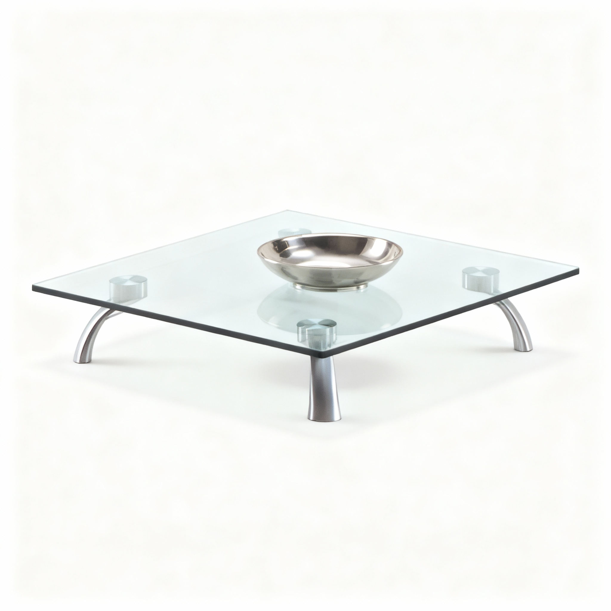 Modern square coffee table (90x90x20cm) with a tempered glass top supported by four elegantly curved brushed steel legs, ideal for contemporary interiors