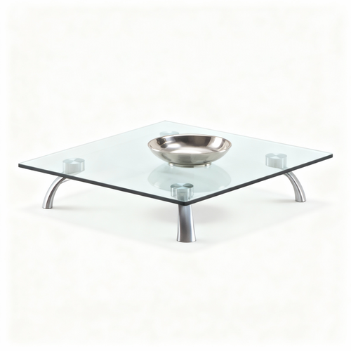 CIAK square coffee table with tempered glass top and brushed steel legs