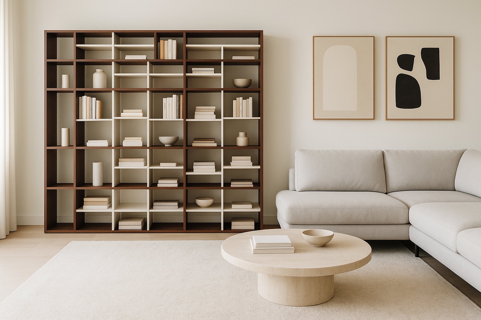 Walnut frame and vanilla lacquer niche detail of the Georgy bookcase