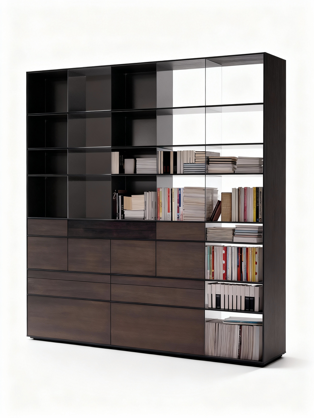 Monumental double-sided bookshelf (room divider) crafted from dark Iberian walnut wood with steel accents. The unit has an open design and significant height (270 cm).