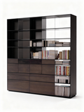 Monumental double-sided bookshelf in Iberian walnut and steel, 302 cm wide