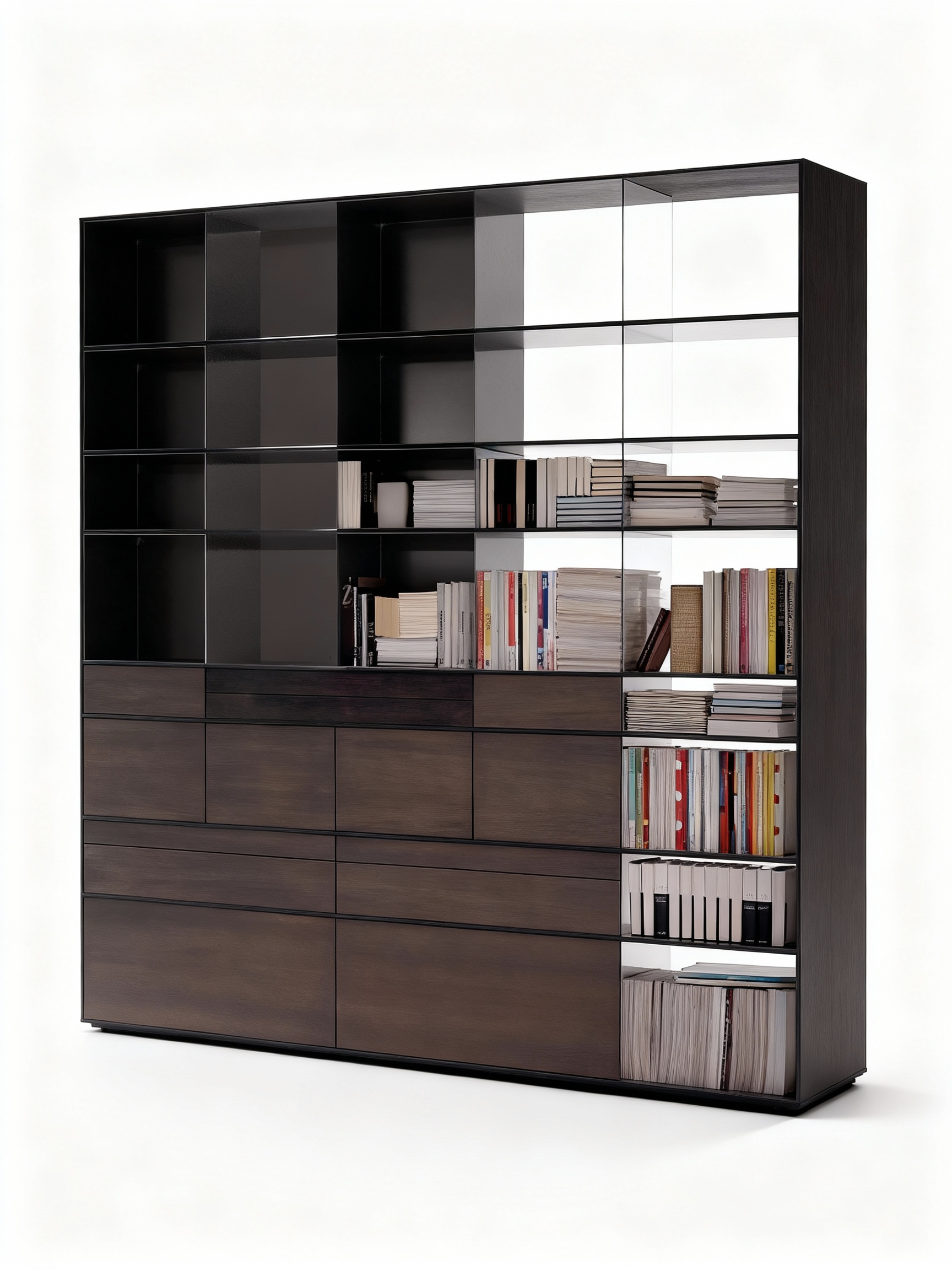 Monumental double-sided bookshelf (room divider) crafted from dark Iberian walnut wood with steel accents. The unit has an open design and significant height (270 cm).